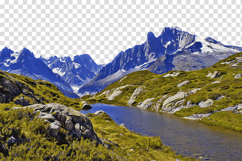 Alpine lake surrounded by lush green hills and snow-capped jagged mountains under a clear sky.