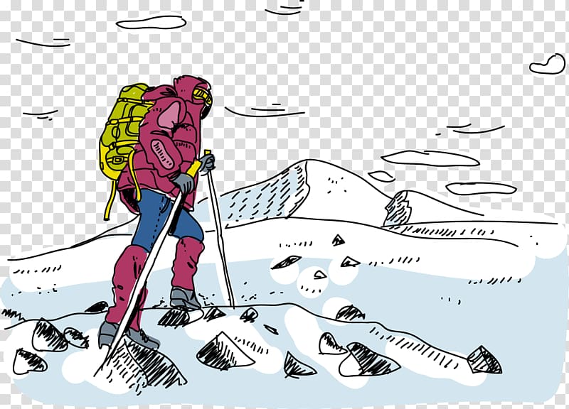 A hiker in pink gear with yellow backpack and trekking poles ascends a snowy, rocky mountain slope under a cloudy sky.