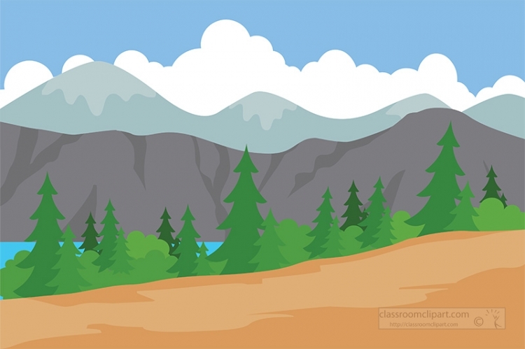 Serene mountain landscape with pine trees, lake, and layered clouds under a blue sky.
