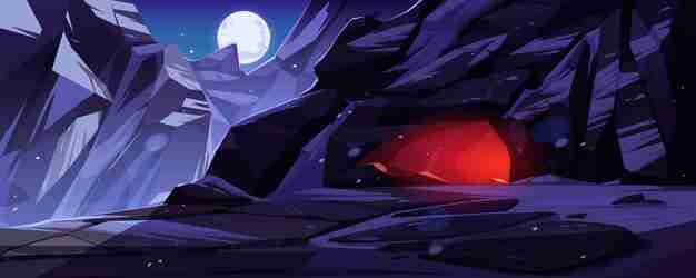 A glowing red cave entrance in jagged purple mountains under a full moon at night.