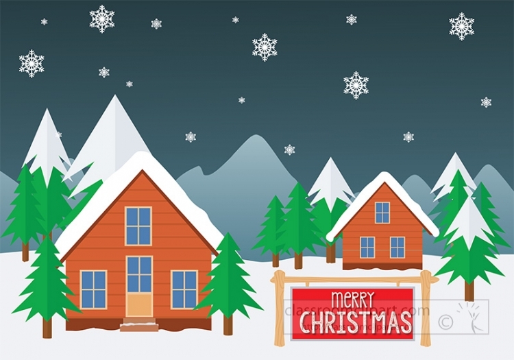 Snowy mountain village with two wooden cabins, evergreen trees, falling snowflakes, and a "Merry Christmas" sign.
