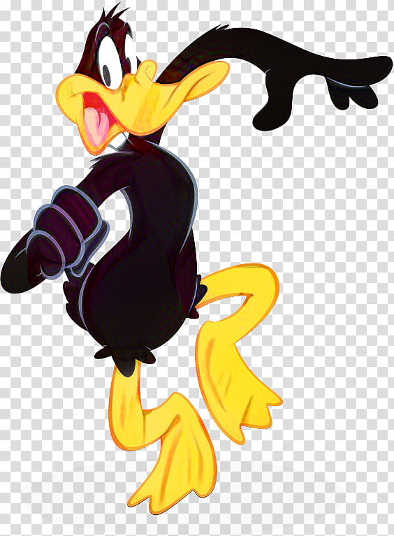 Daffy Duck in a dynamic running pose, black feathers, yellow beak and feet, expressive eyes and open mouth.