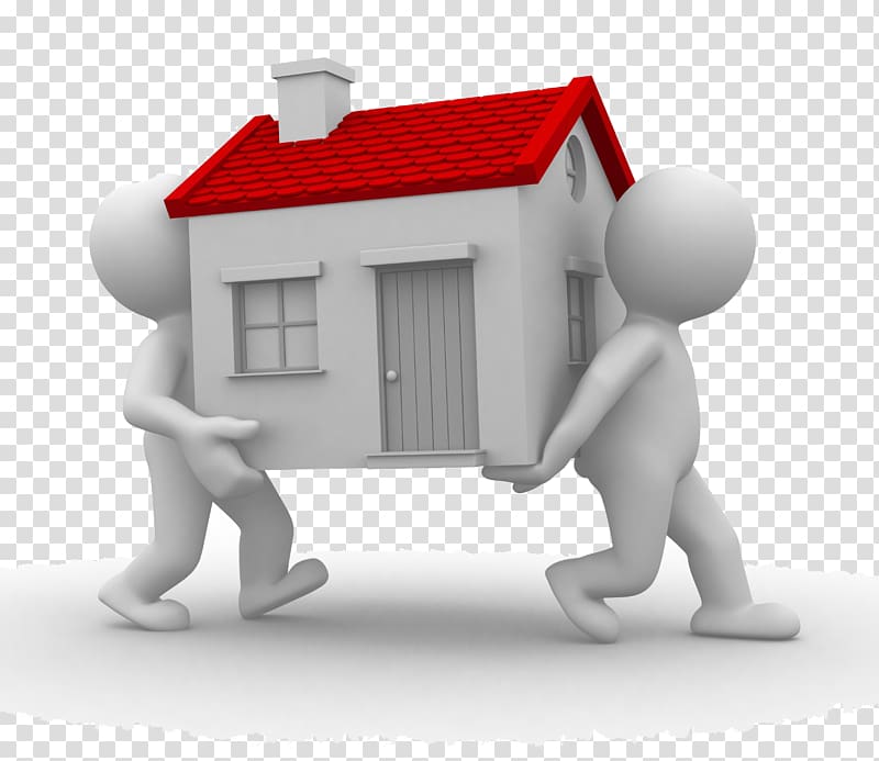 Two stylized figures carrying a small house with red roof, symbolizing home moving or real estate support.