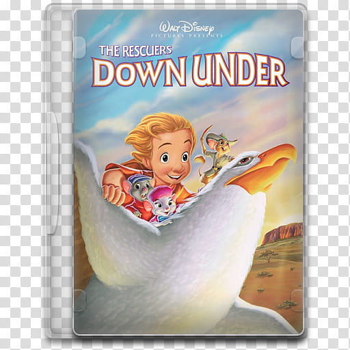 Disney's "The Rescuers Down Under" DVD cover featuring a boy and animal characters riding a large white bird over the Australian outback.