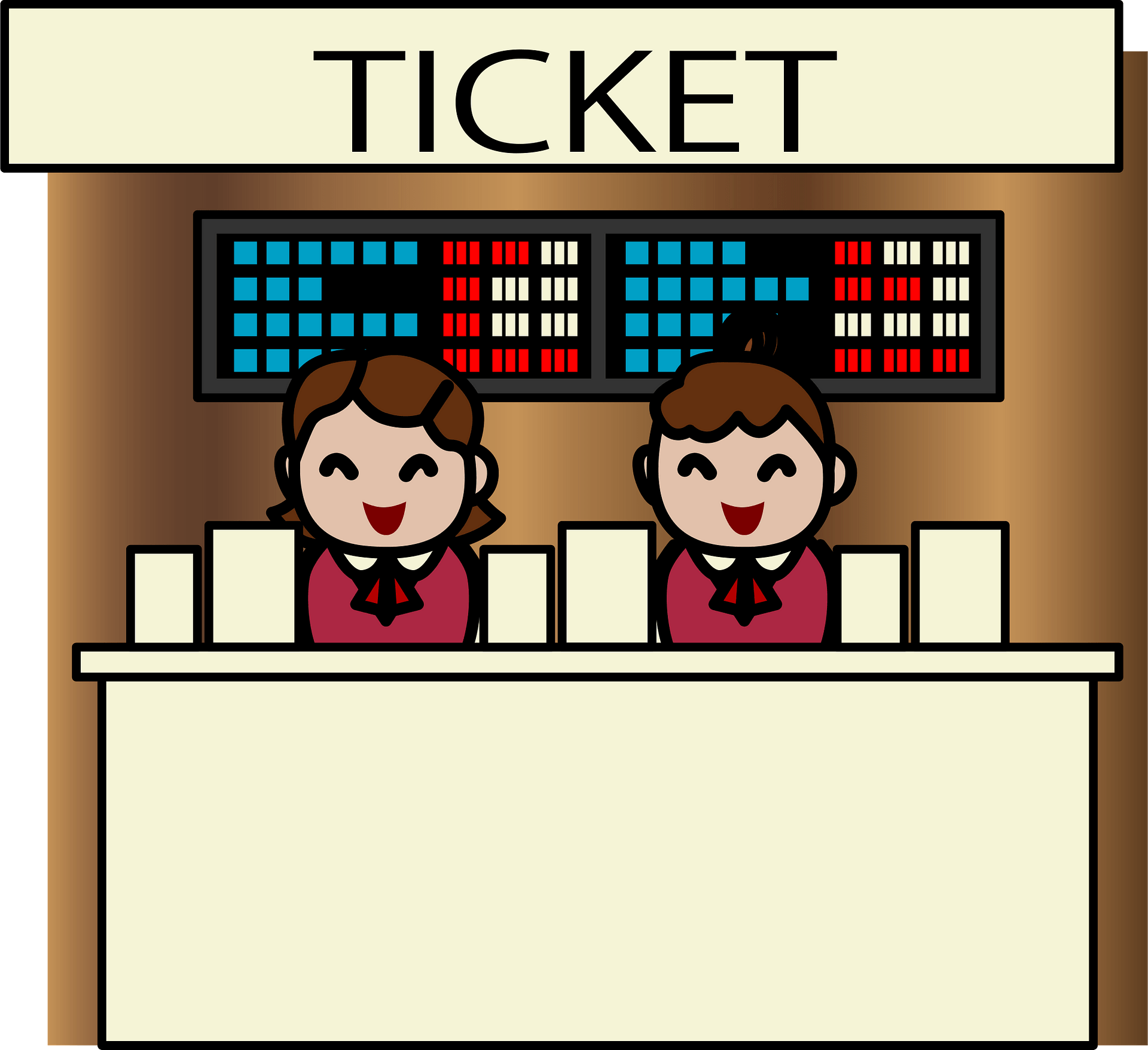 Two smiling ticket booth staff behind a counter with digital display boards showing seat availability.