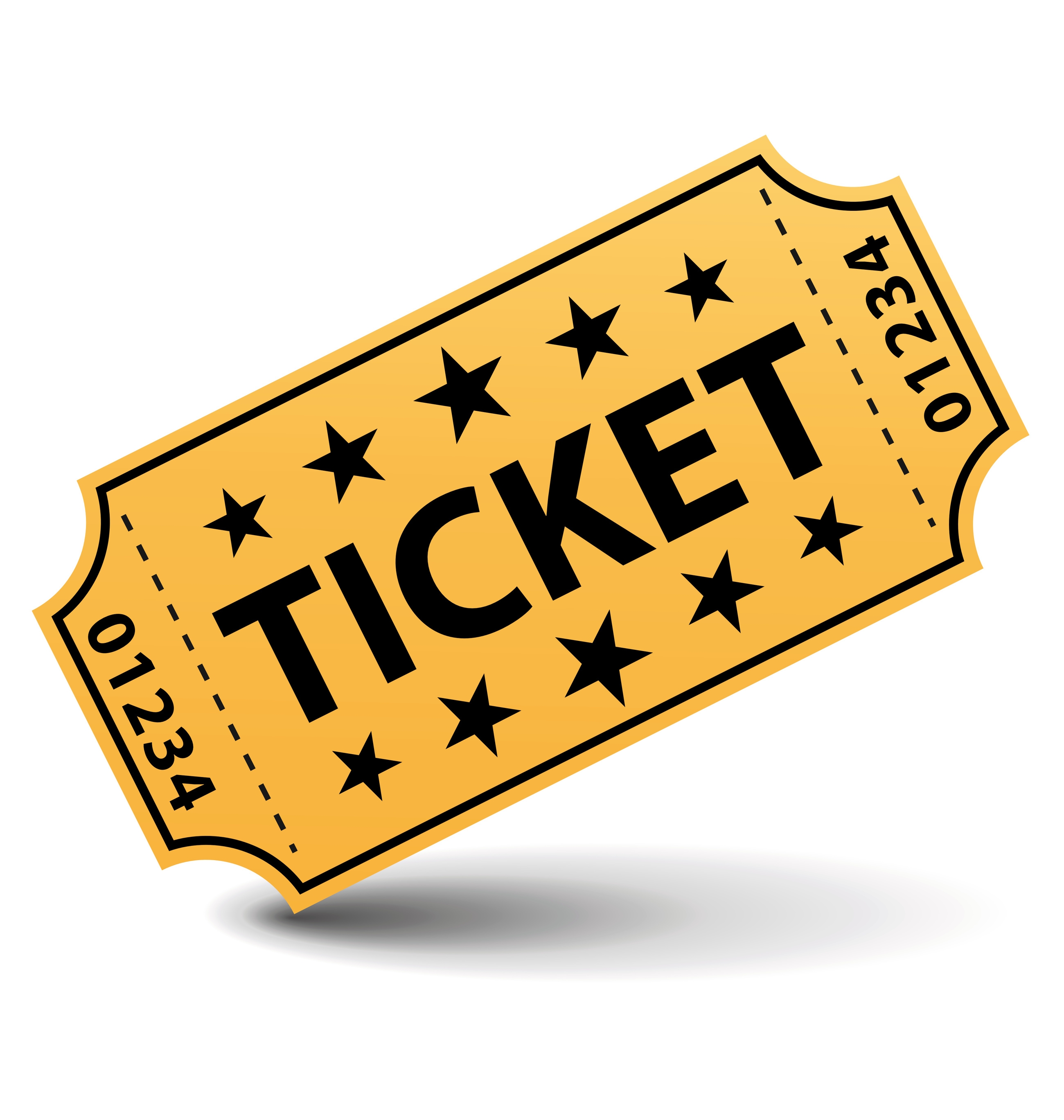 Golden ticket with bold "TICKET" text, black stars, and serial number 01234 on a white background.