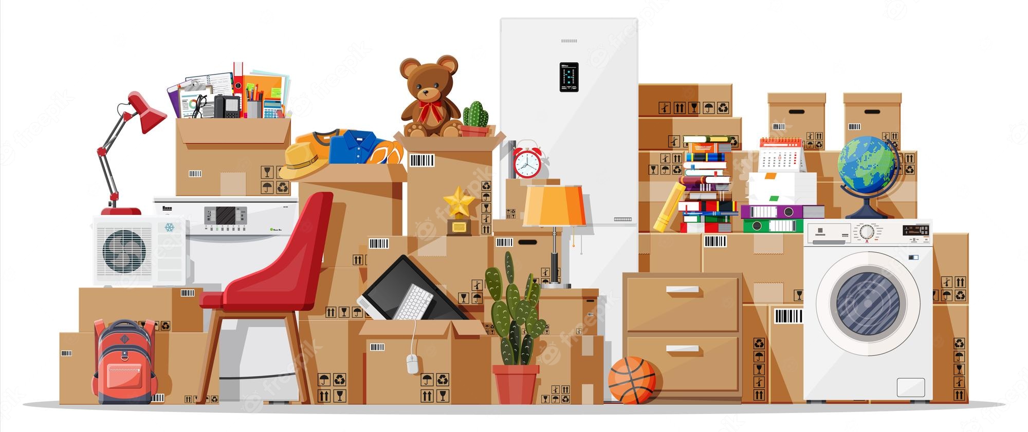 A cluttered scene of packed cardboard boxes, household items, appliances, and personal belongings ready for moving or storage.