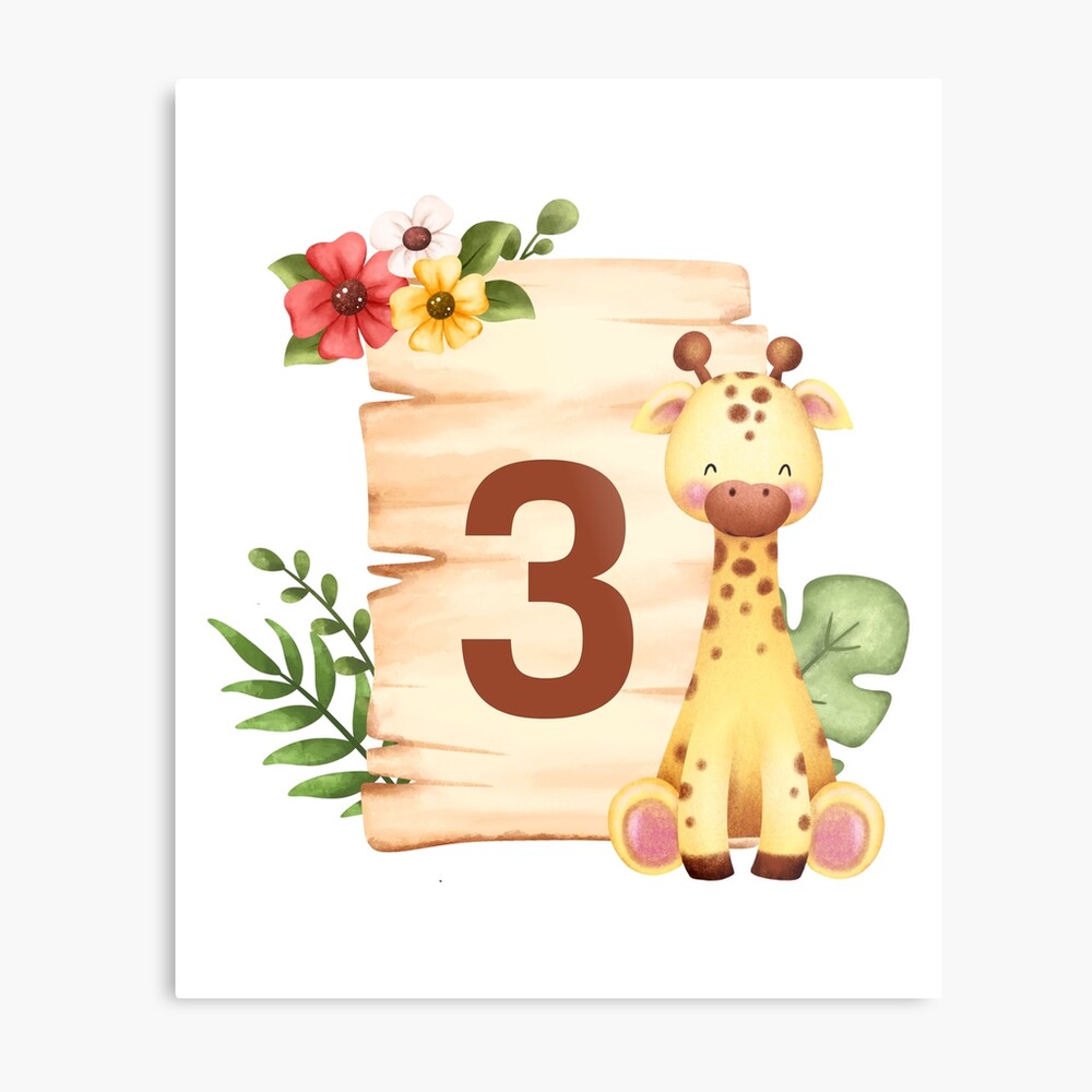 Cute watercolor giraffe beside a wooden sign with number 3, decorated with flowers and greenery.
