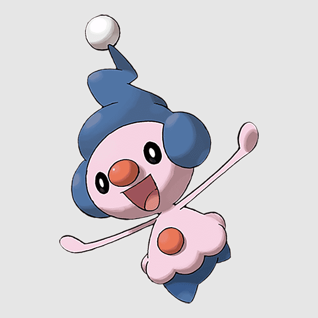 A cheerful pink and blue Pokémon, Mime Jr., balancing a white ball on its jester hat while striking a playful pose.