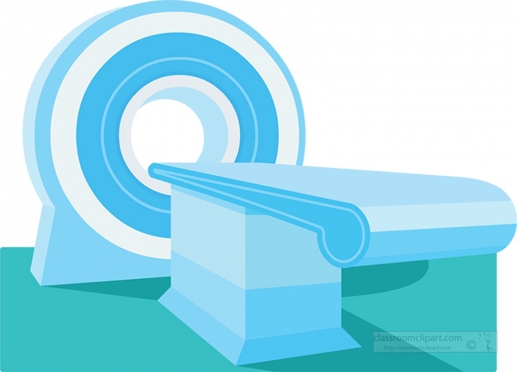 Illustration of a blue MRI scanner with patient table, showing circular imaging bore and modern design.