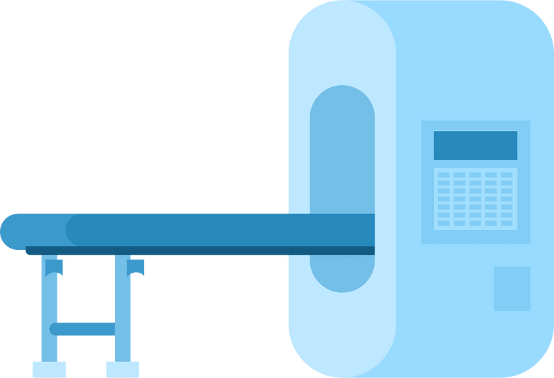 Illustration of a CT scanner with patient table and control console against a green background.