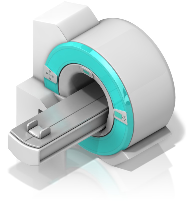 Modern MRI scanner with open bore design and teal accent ring, showing patient table extended.