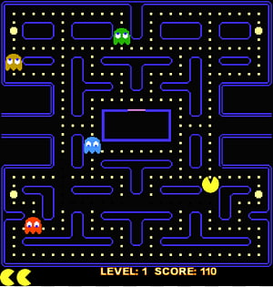 Classic Pac-Man arcade game screen showing Pac-Man, ghosts, dots, and maze at Level 1 with score 110.