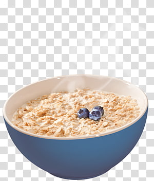 Blue bowl of oatmeal topped with fresh blueberries on transparent background.