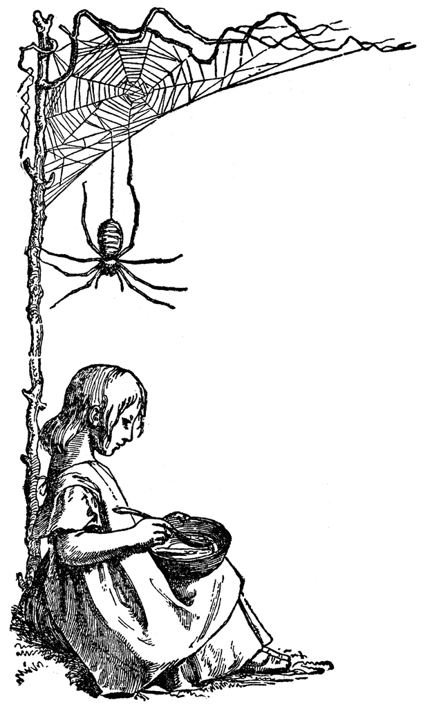 A young girl sits beneath a large spiderweb with a spider dangling above, sketching in a bowl-vintage line drawing style.