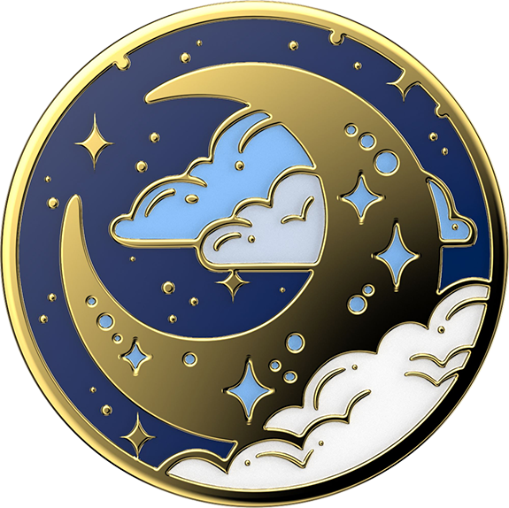 Golden crescent moon enamel pin with blue clouds, stars, and white clouds on a navy background.