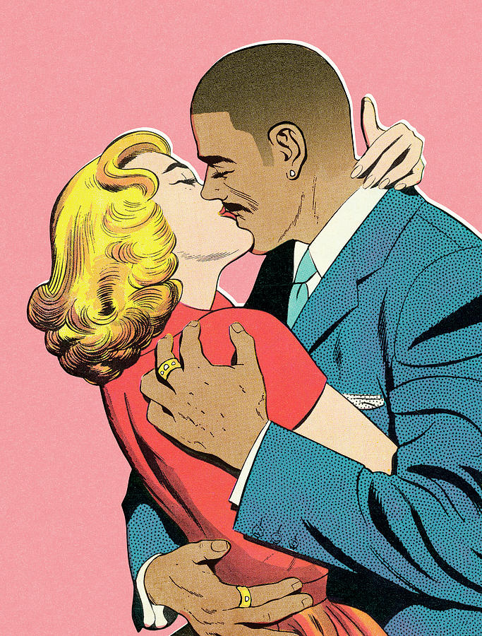 Vintage-style illustration of a romantic kiss between a Black man in a blue suit and a blonde woman in red, against pink background.