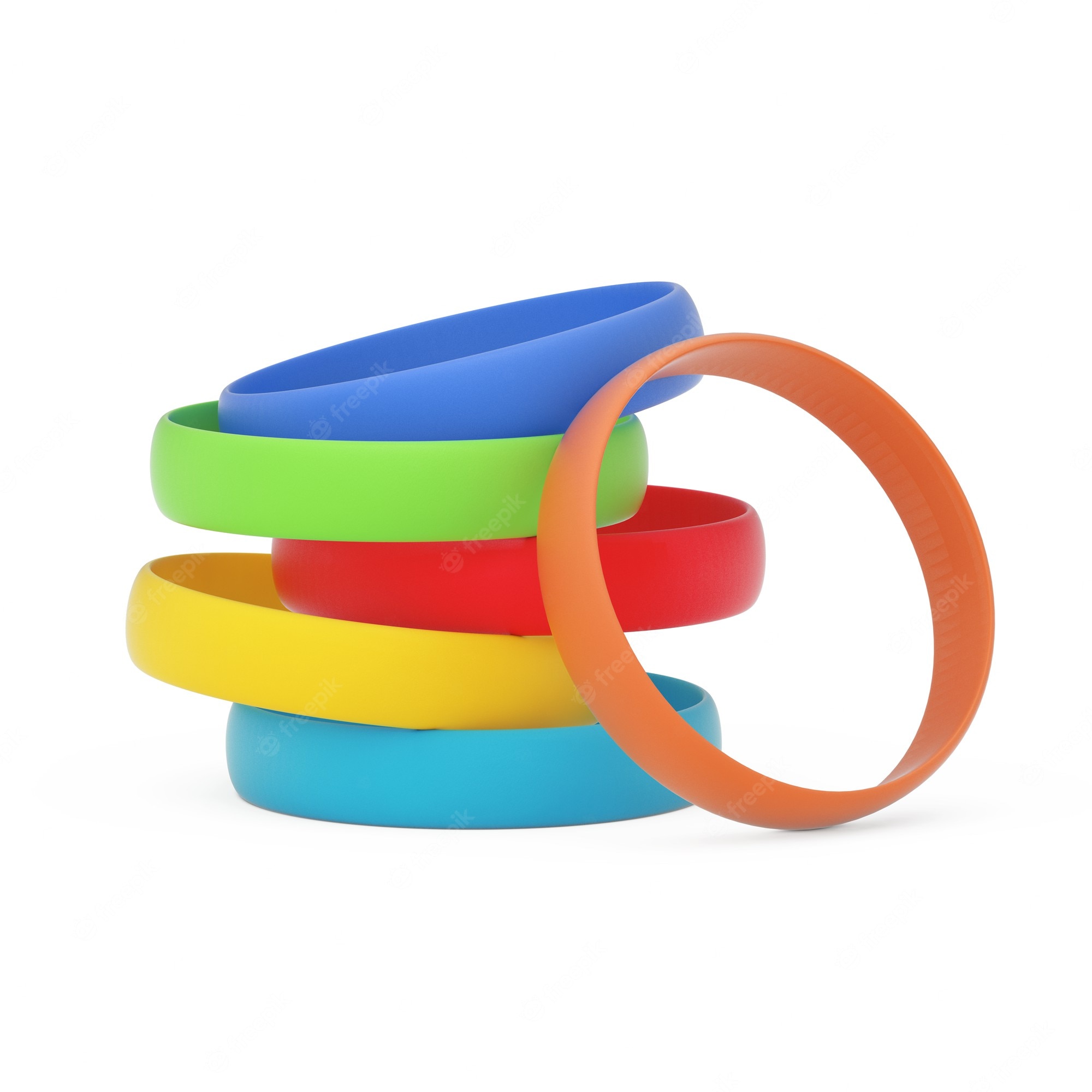 Stack of colorful silicone wristbands in blue, green, red, yellow, cyan, and orange on white background.