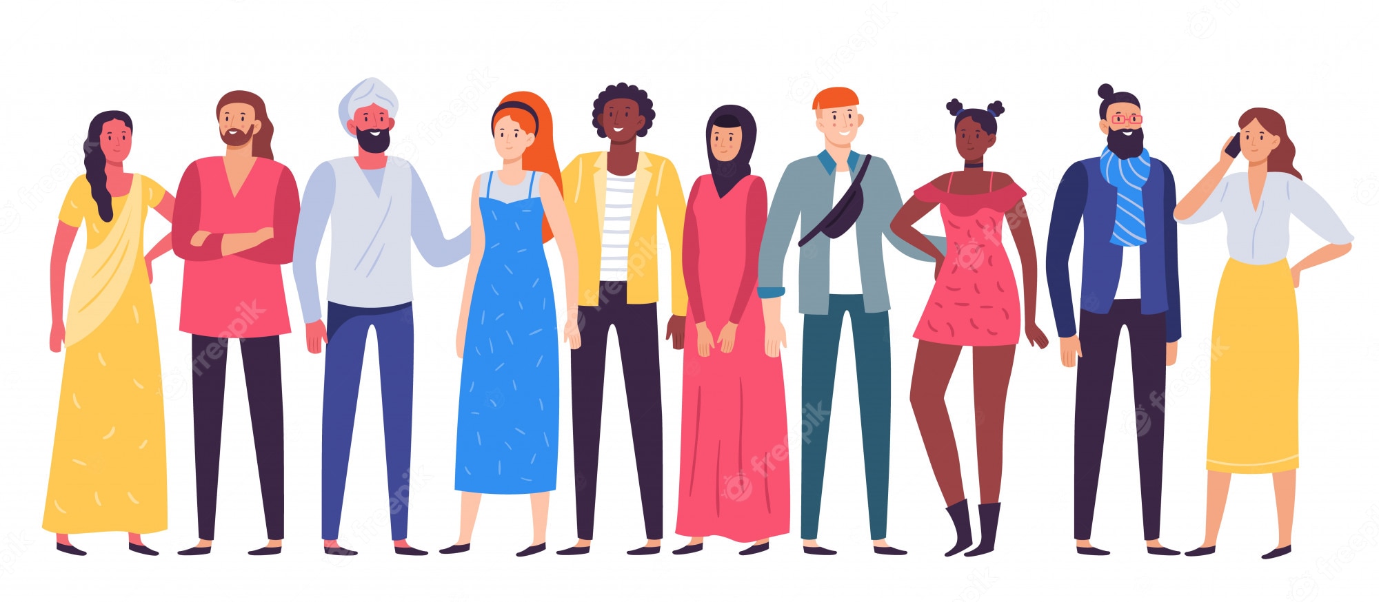 Diverse group of ten people standing together, representing multiculturalism, inclusion, and global unity in modern society.
