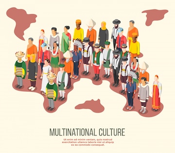 Diverse group of people in traditional attire standing on a world map, symbolizing multinational culture and global unity.