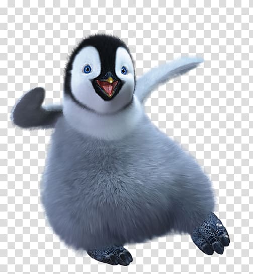 Adorable animated penguin chick waving with blue eyes and fluffy gray feathers on transparent background.