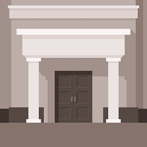 Classic neoclassical building entrance with white columns and dark double doors.