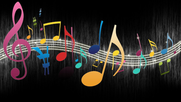 Colorful musical notes and clef floating on glowing staff lines against a dark textured background.