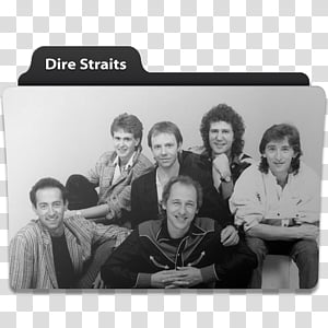 Black-and-white photo of the rock band Dire Straits, six members posing together in a studio setting.