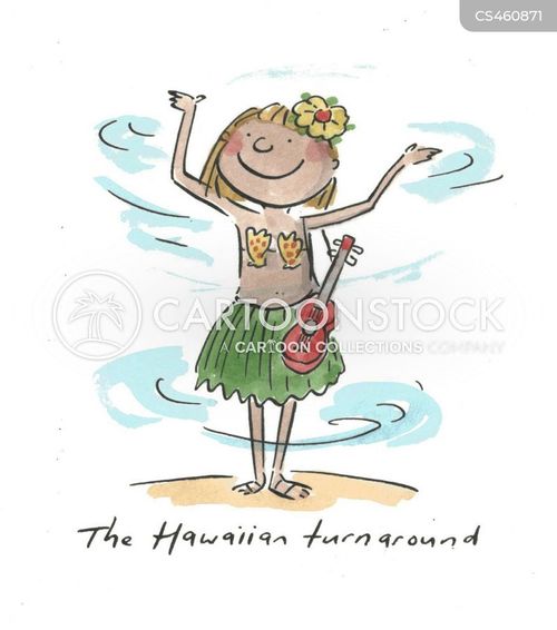 A cheerful cartoon woman in a grass skirt and flower lei dancing the hula with a ukulele, labeled "The Hawaiian turnaround".