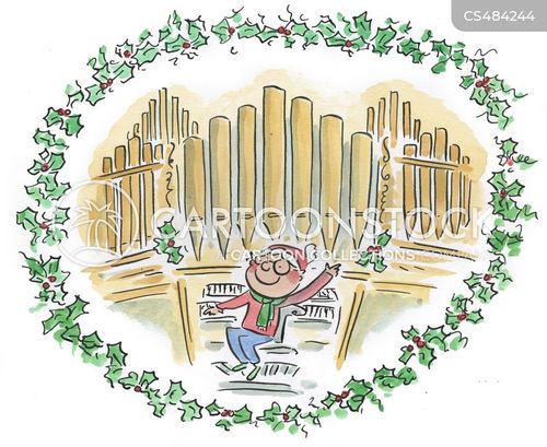 A cheerful cartoon organist playing a pipe organ, framed by festive holly wreath.