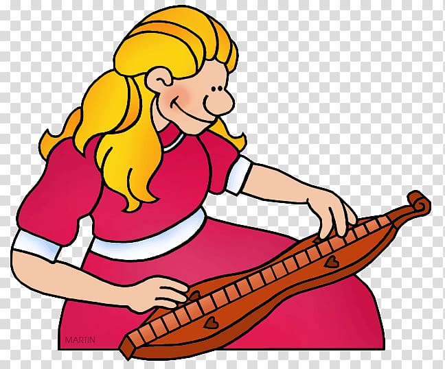 A smiling blonde girl in a pink dress playing a brown stringed instrument resembling a zither or psaltery.