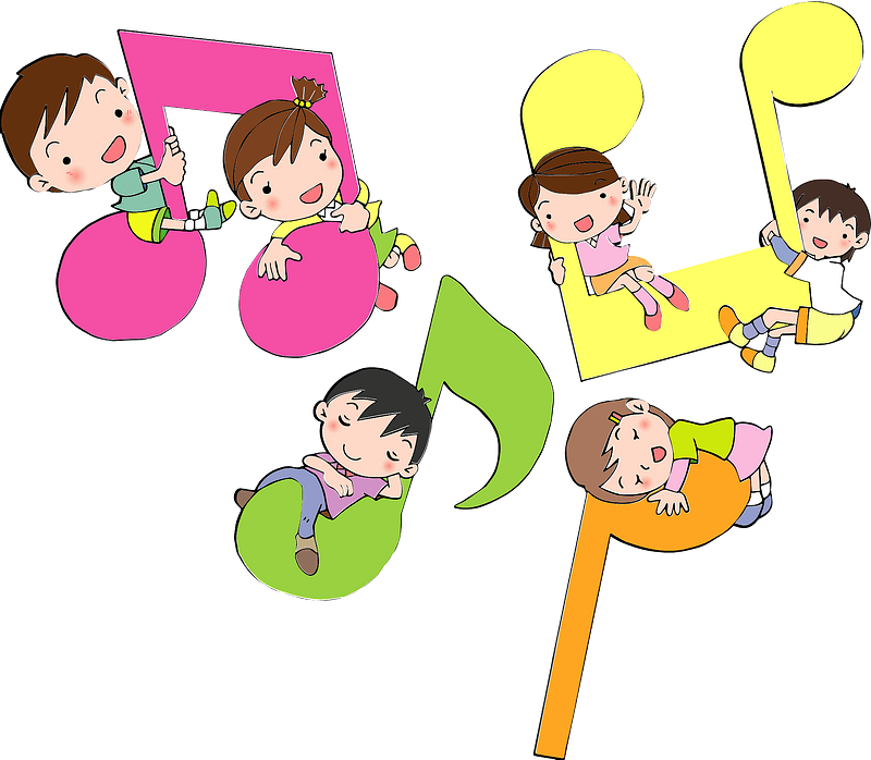 Children playing and resting on colorful musical notes in a joyful cartoon illustration.