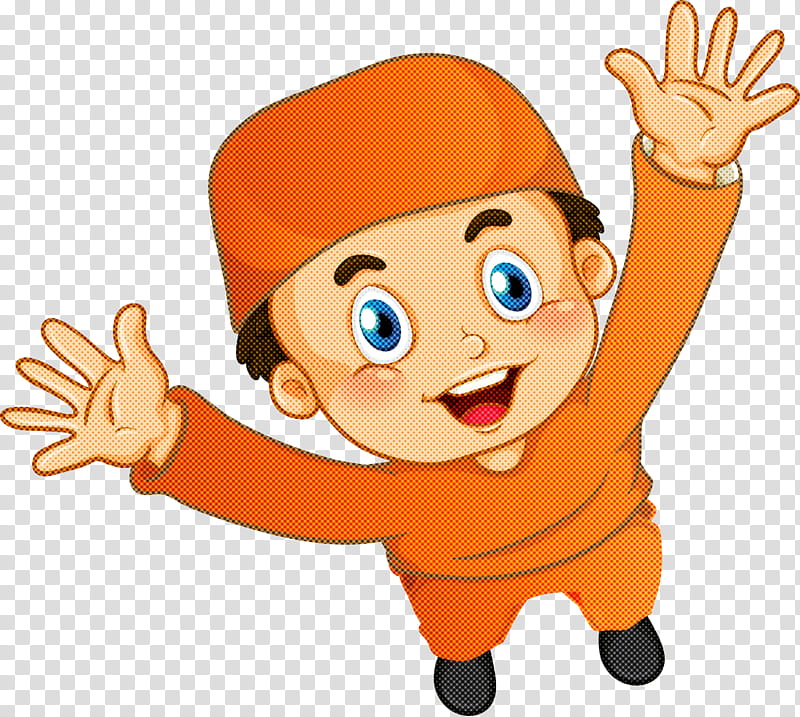 Happy cartoon boy in orange outfit waving with both hands, smiling joyfully.
