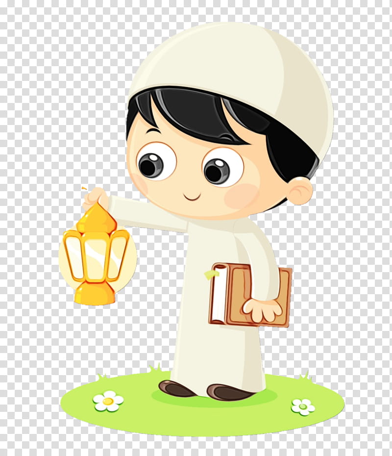 A smiling cartoon boy in white thobe and kufi holding a glowing lantern and a book, standing on grass with flowers.
