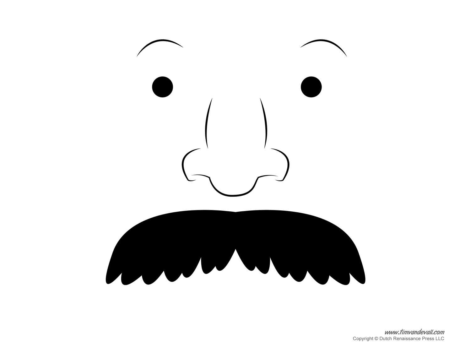 Black-and-white cartoon face with expressive eyes, nose, and prominent mustache, ideal for masks or costumes.