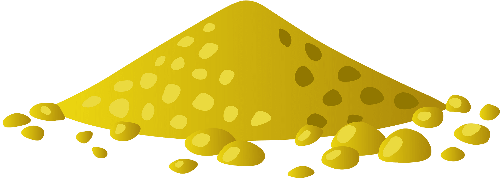 A stylized illustration of a golden pile of granular material with scattered pebbles on a green background.