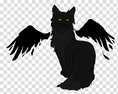 A black winged cat with glowing yellow eyes, sitting upright against a transparent background.