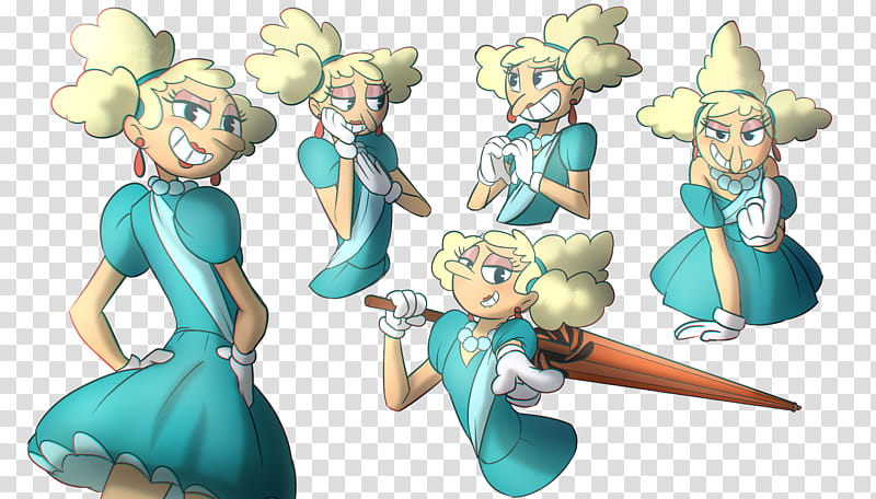 Animated blonde woman in teal dress with puffy hair, shown in five expressive poses including confident stance, whispering, grinning, and holding umbrella.