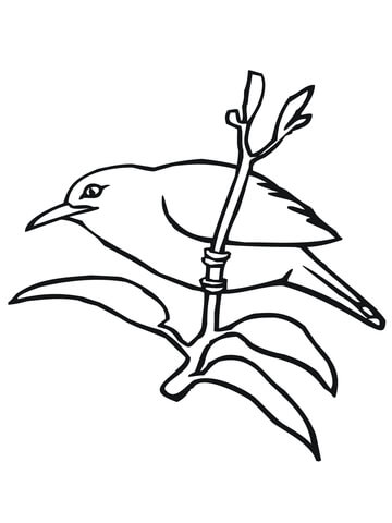 Simple black-and-white line drawing of a bird perched on a leafy branch.