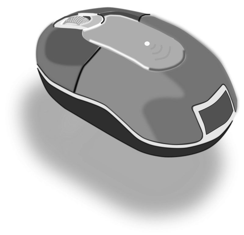 Wireless ergonomic computer mouse with scroll wheel, side button, and optical sensor indicator on a mousepad.