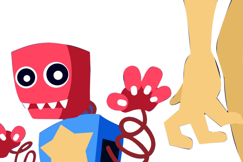 A red cube-headed monster with big eyes and fangs stands beside a blue star-shaped character, while a yellow figure walks away.
