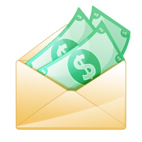 A yellow envelope open with green dollar bills featuring dollar signs sticking out.