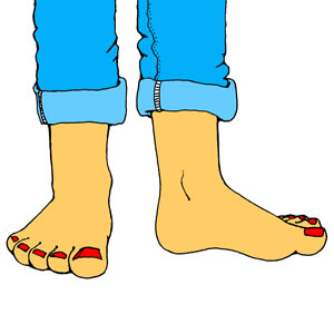 Illustrated feet with red-painted toenails and rolled-up blue jeans, showing bare soles and casual style.