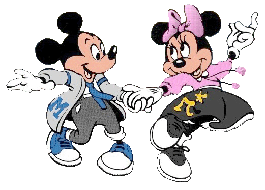 Mickey and Minnie Mouse in modern streetwear, dancing joyfully hand-in-hand.