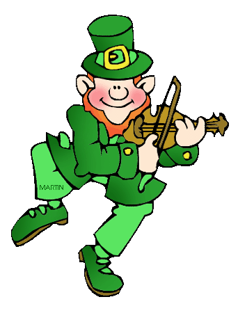 Cheerful leprechaun in green outfit playing violin, smiling with top hat and buckle.