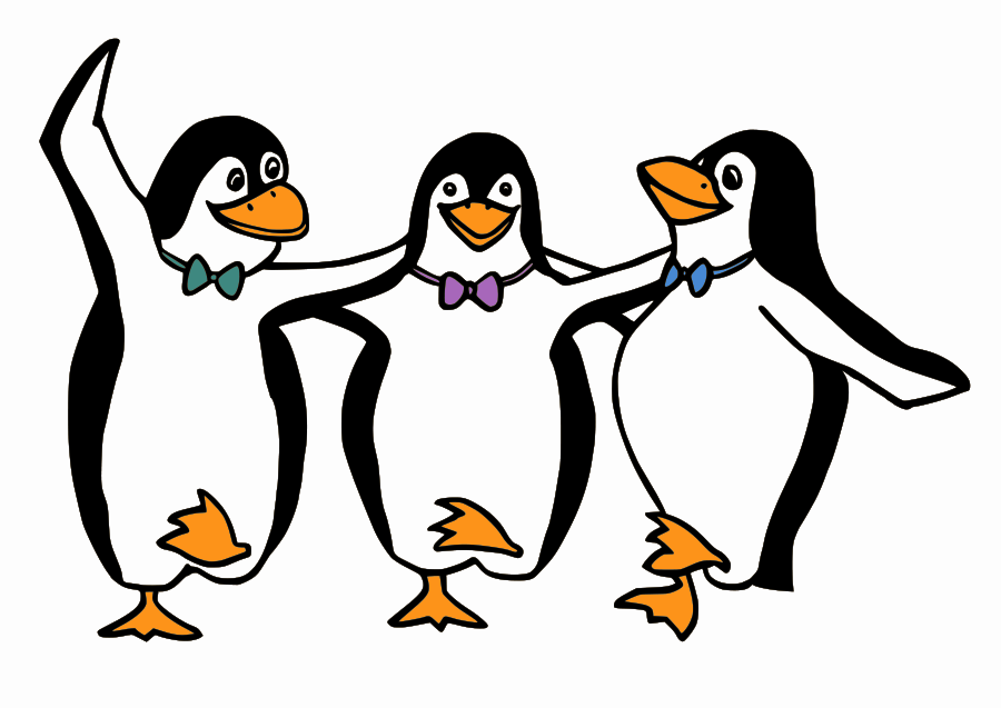 Three cartoon penguins dancing in a line, each wearing a colorful bowtie and smiling joyfully.