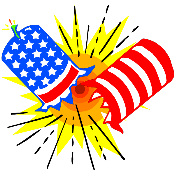 Two American flag-themed firecrackers exploding in a burst of yellow and orange sparks.