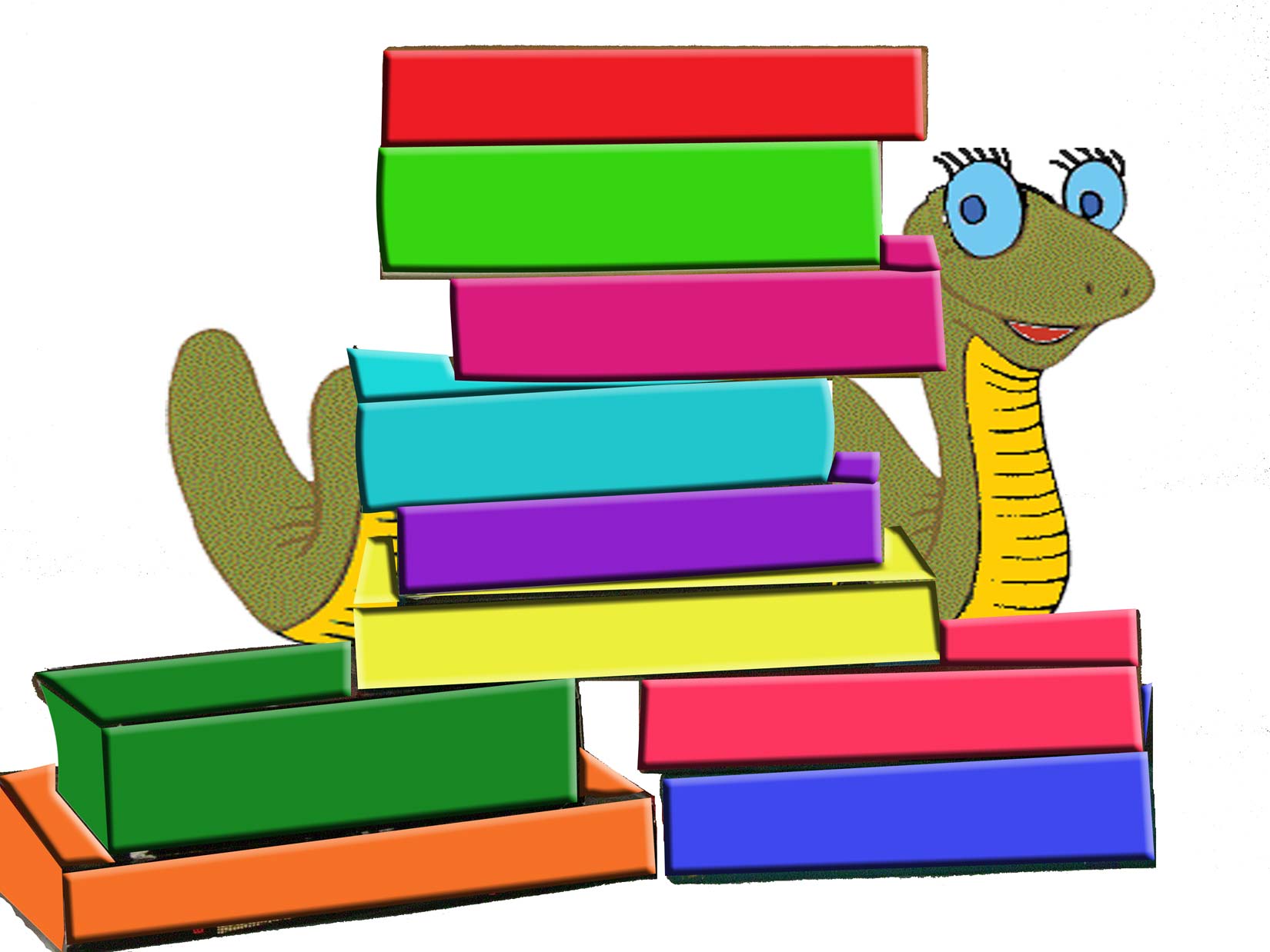 A cheerful cartoon snake peeking from behind a colorful stack of books.