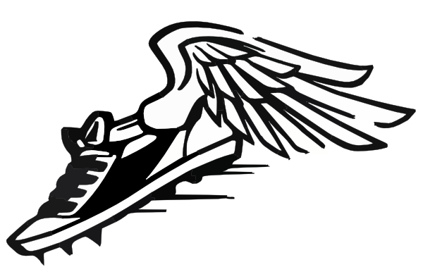 Black-and-white illustration of a running shoe with large wings, symbolizing speed and agility.