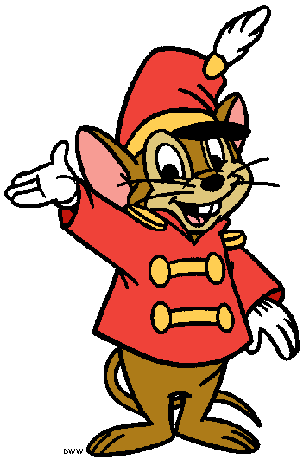 A cheerful cartoon mouse in a red military-style coat with gold buttons and a feathered hat, waving happily.